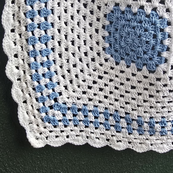 Handmade Blue and White Crochet Nighstand Cover 34" X 35" Grannysquare - Picture 9 of 10